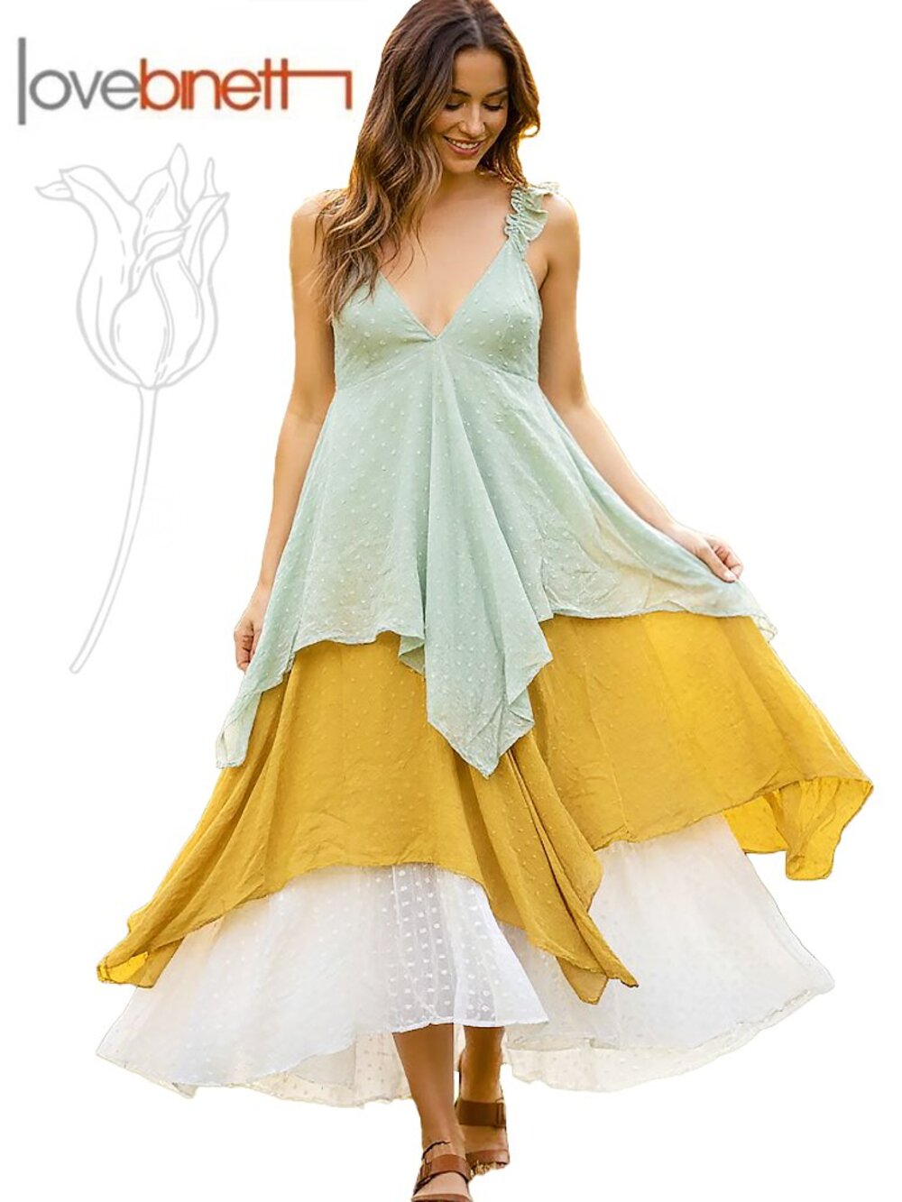 Love Binetti Emma Color Block Tiered Ruffle Midi Dress